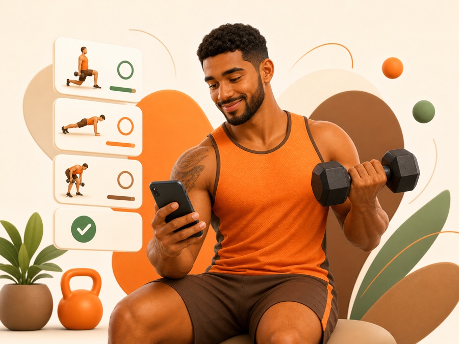 Aluno seguindo um treino personalizado pelo celular