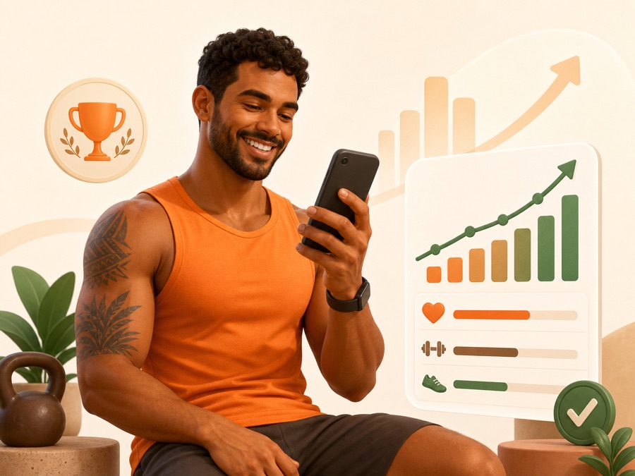 Aluno acompanhando a evolução dos treinos em gráficos no celular